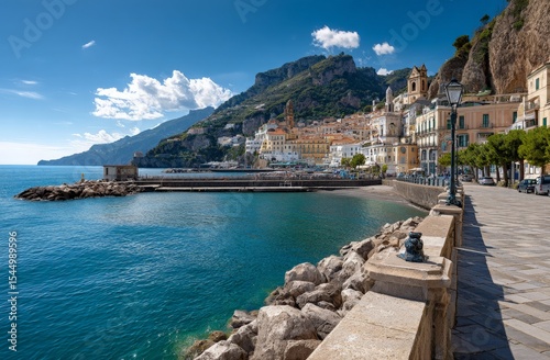 Amalfi Coastline with Buildings, Water, and Mountains