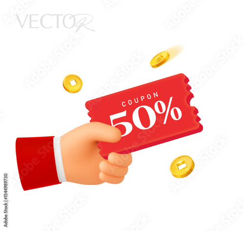 3d hand holding a coupon card, isolated on white background. Pay with gift voucher icon in 3d vector. Vector illustration