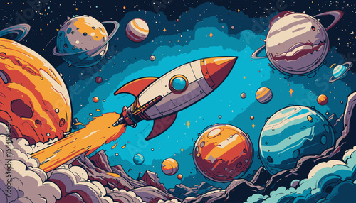 Cute astronauts, rockets, ufo, space satellites, planets and stars unlimited colorful doodle cartoon patterns
