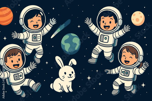 Cute astronauts, rockets, ufo, space satellites, planets and stars unlimited colorful doodle cartoon patterns