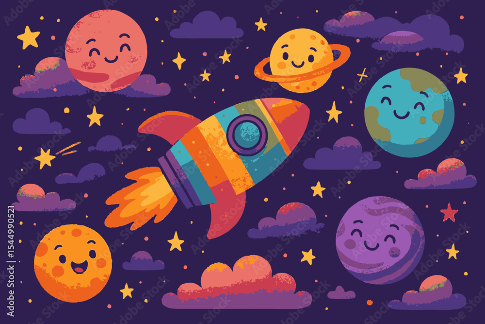 Fototapeta premium Cute astronauts, rockets, ufo, space satellites, planets and stars unlimited colorful doodle cartoon patterns