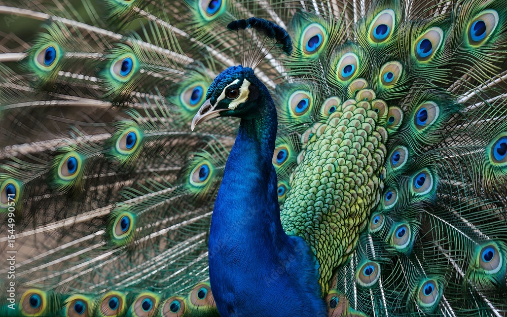 Obraz premium A stunning portrait of a peacock displaying its colorful blue-green tail feathers