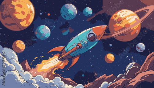 Cute astronauts, rockets, ufo, space satellites, planets and stars unlimited colorful doodle cartoon patterns