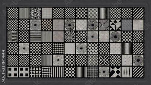 Abstract black and white geometric pattern tiles arranged in a decorative frame