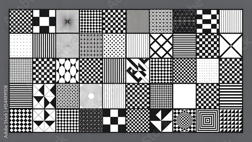 Abstract geometric pattern with multiple squares in black and white color variations.