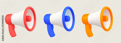 3d minimal megaphone in different colors, isolated on background. Megaphone icon collection in 3d vector. Vector illustration