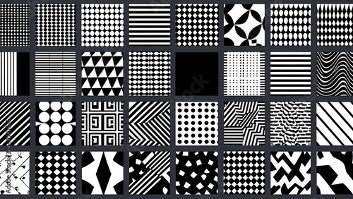 Collection of black and white geometric pattern designs with varied graphic styles