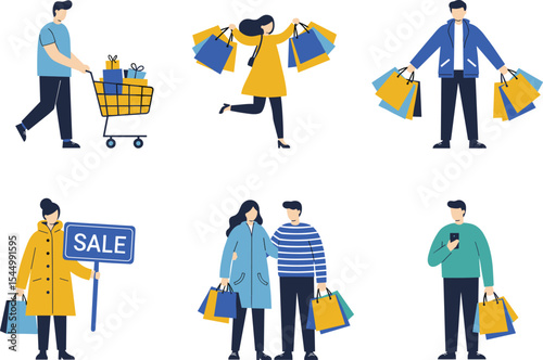 Shopping and Retail Experience: People Buying, Sale Events, Online Shopping, and Consumer Lifestyle Activities with Shopping Bags