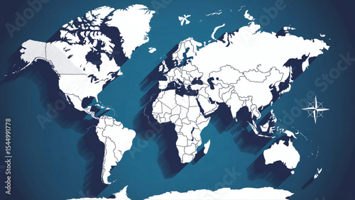 Detailed world map illustration featuring country outlines and a compass rose for global representation