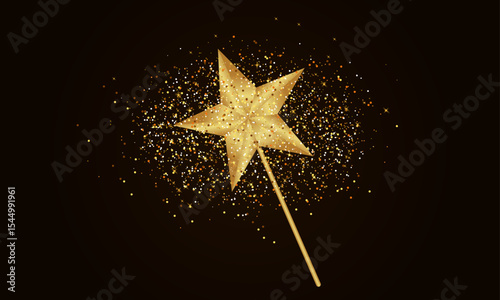 Golden glitter star wand with sparkling confetti burst on dark background, perfect for festive, luxury, magical, or celebration-themed designs.