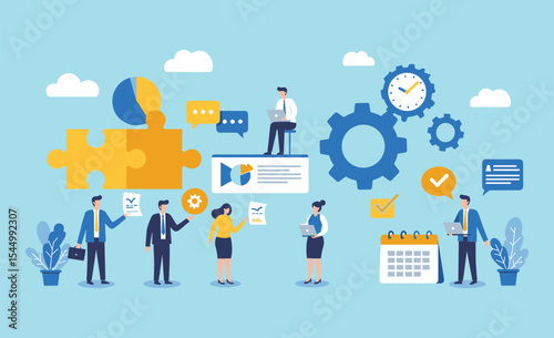 Strategic business development plan illustration, showcasing collaborative teamwork, problem-solving, efficient time management, data analysis   flat vector illustration