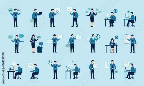 Comprehensive business and office worker illustration set, depicting diverse roles, communication, data analysis, marketing, management, flat vector illustration