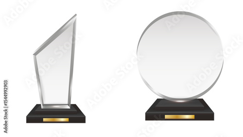 Transparent background award trophies: clear glass circle and geometric designs on dark bases with gold plates, perfect for recognition.
