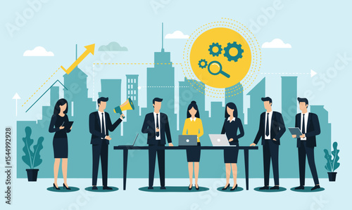 Dynamic business organization in a modern city, illustrating strategic marketing, data analysis, collaborative teamwork, and growth initiatives for corporate successflat vector illustration