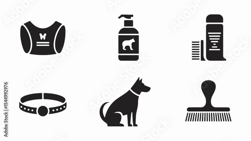 Black icon set representing various elements of dog care and grooming tools and products for the well being