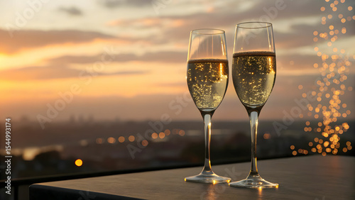 Two glasses of champagne at rooftop restaurant with view of city and sunset, luxury romantic dinner for couple.