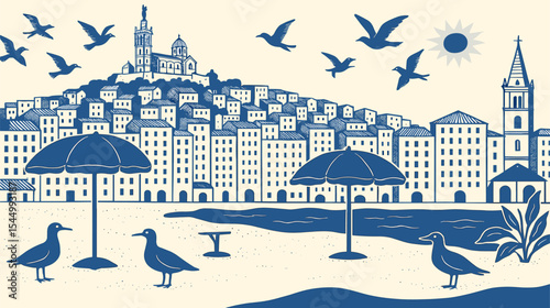 Marseille Charm: Vector art with iconic blue and cream line of the beautiful French city.Perfect for travel posters and french designs. Summer vibes