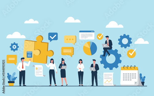 Dynamic business management illustration, featuring collaborative teamwork, efficient task organization, strategic problem-solving, data analysis, and successful project  flat vector illustration