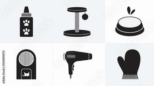 Vector icon set featuring pet care essentials and supplies for veterinary clinics and animal health