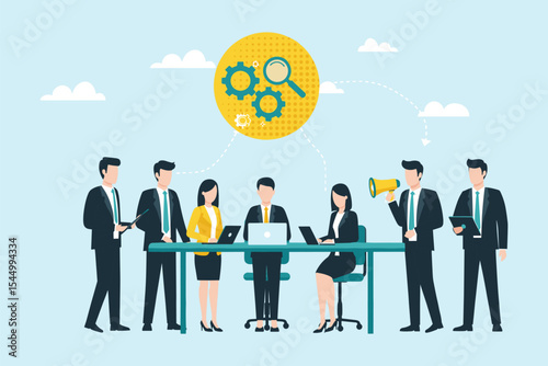 Business consulting team collaborating on strategic solutions, utilizing data analysis, problem-solving, and effective communication for organizational development  flat vector illustration