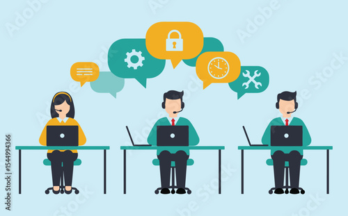 Dedicated customer service representatives at work, illustrating efficient technical support, secure communication, problem-solving, and timely assistance flat vector illustration