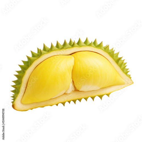 Fresh durian fruit yellow flesh spiky green shell tropical isolated ripe sweet exotic delicious natural