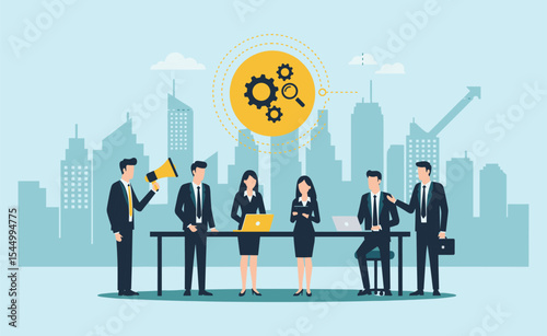 Corporate business team collaborating in urban setting, showcasing strategic management, data analysis, marketing initiatives, and technological solutions flat vector illustration
