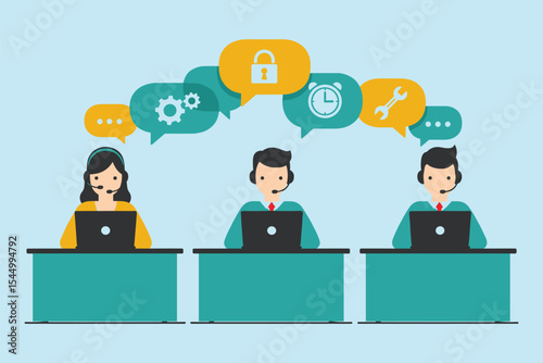 Customer support call center team illustration, demonstrating efficient problem-solving, secure communication, technical assistance, and reliable service  flat vector illustration