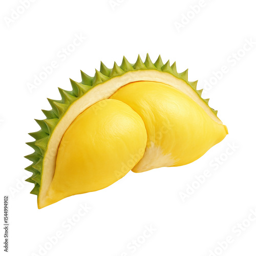 Fresh durian fruit with spiky green rind and yellow flesh, tropical, isolated on white, ripe and aromatic, close up