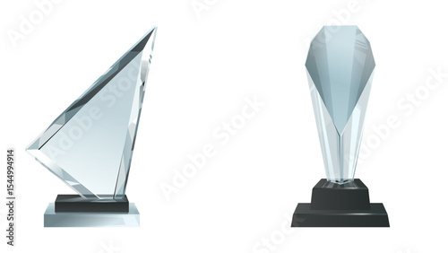 Set of Two Elegant Glass Diamond Trophies on Black Bases, Ideal for Awards, Recognition, and Corporate Achievements

