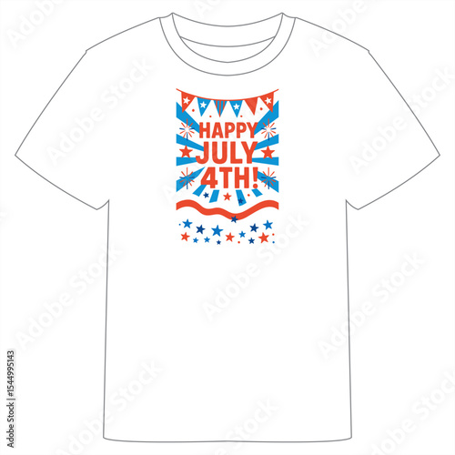 A white T-shirt with a vibrant 4th of July design, featuring "Happy 4th July!" text, stars, fireworks, and red, white, and blue accents for a patriotic look.