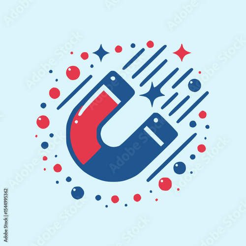 Vibrant illustration of a horseshoe magnet attracting metallic particles, representing innovation, attraction, or data flow.