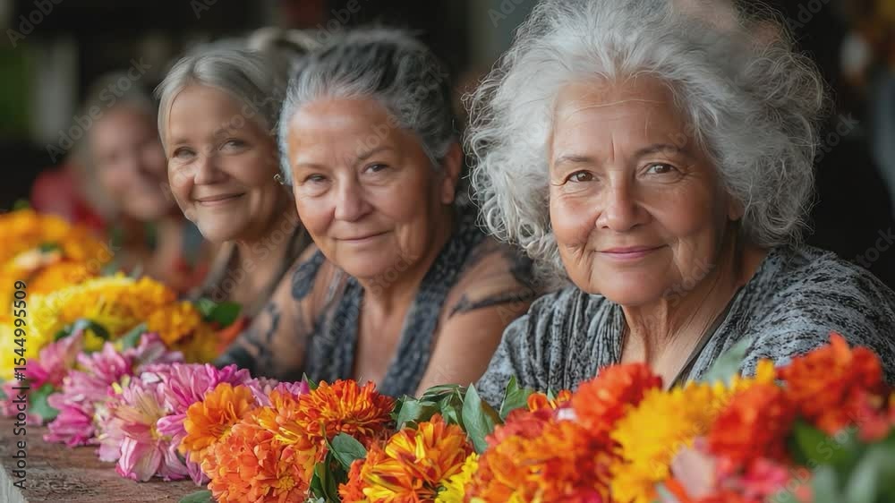 Floral Serenity: Three mature women smile warmly as they arrange colorful flowers, their gentle gazes radiating a sense of peace and tranquility amidst the vibrant blossoms.