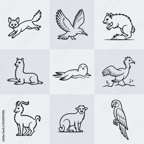A collection of simple black and white vector illustrations of diverse animals including mammals birds and other creatures.
