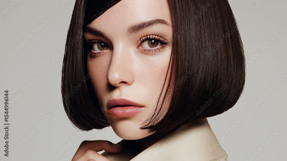 Model showcases sleek bob hairstyle in studio setting with neutral background and elegant trench coat
