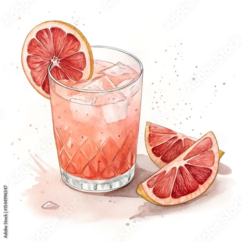 Watercolor illustration of a refreshing grapefruit cocktail with ice cubes and a citrus garnish