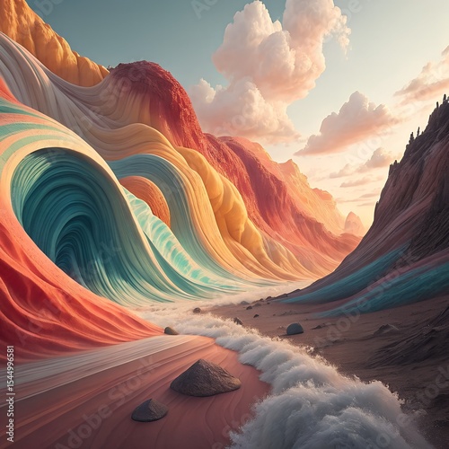 Abstract Landscape Colorful Waves and Majestic Mountains under a Soft Sky