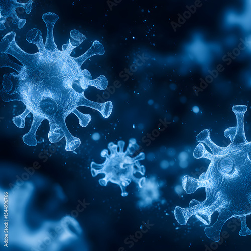 Highly detailed close-up digital illustration of virus particles in blue color on dark background for health and science concepts