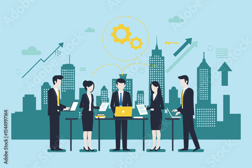 Collaborative business team in a thriving city, illustrating strategic development, data-driven decisions, technological solutions, and upward growth flat vector illustration