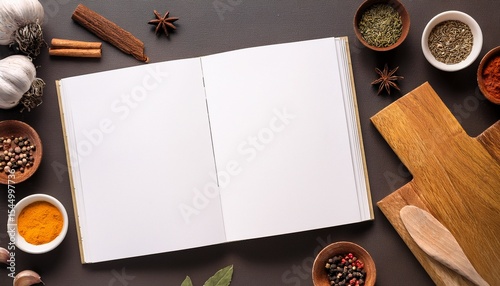blank recipe book mockup with spices and wooden board flat lay photo