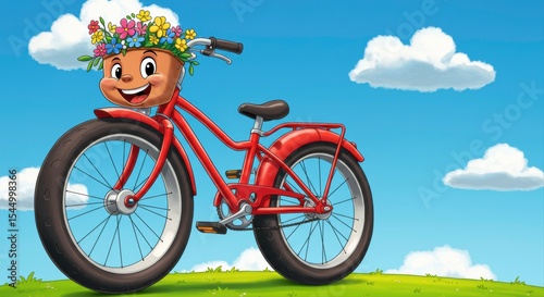 Whimsical bicycle with floral basket character joyfully cruising under a sunny sky