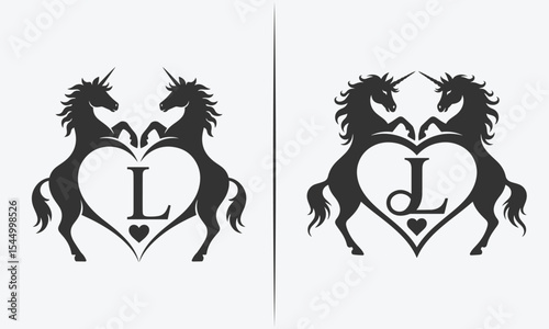 Romantic Unicorn Logo with Heart and Letter L - Elegant Black and White Design