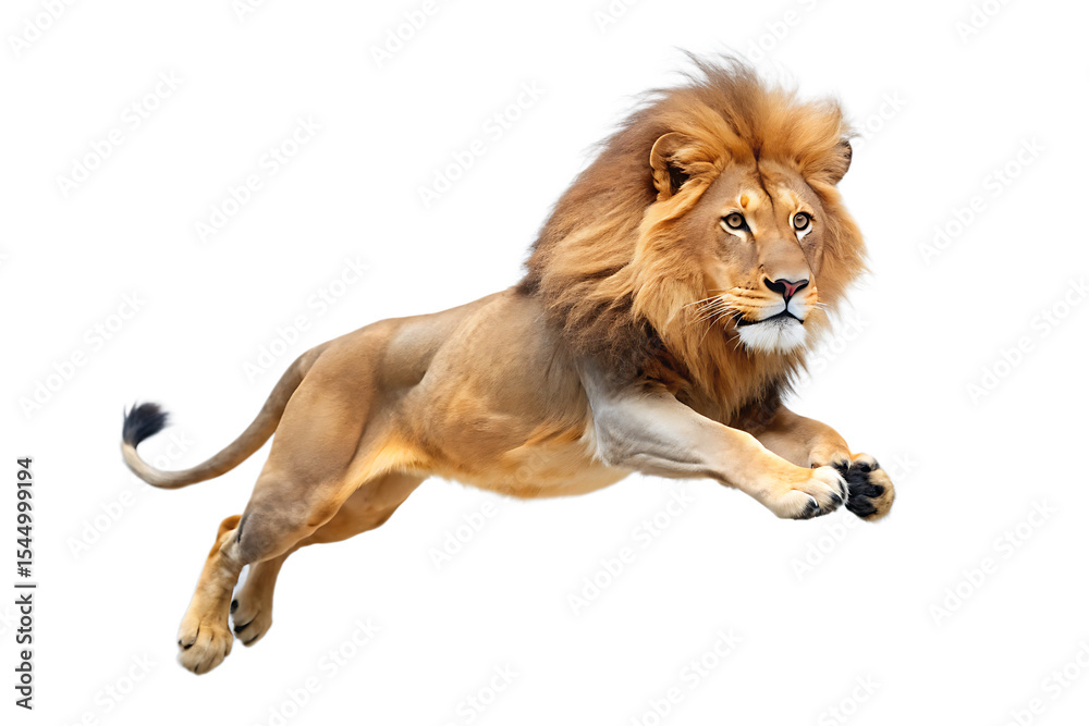 Obraz premium Majestic Male African Lion Leaping Mid Air Powerful Muscular Golden Mane Brown Fur Wild Cat Animal Wildlife Photography Ai isolated on a transparent background