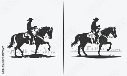 Cowboy Silhouette on Horseback with City Skyline - Western Style Graphic