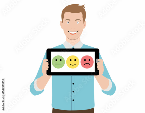 A man holds a tablet displaying green, yellow, and red emojis.