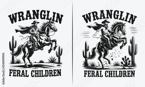 Wranglin' Feral Children - Vintage Cowboy Riding Horse in Desert Landscape Graphic