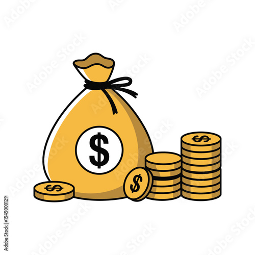 Cartoon money sack and golden coins on white

