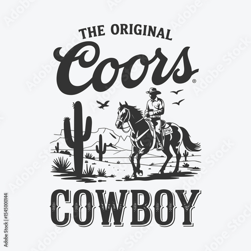 Vintage 'The Original Coors Cowboy' Design with Cowboy on Horse and Desert Landscape