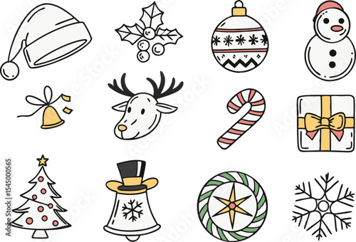 Hand drawn Christmas doodles collection featuring festive holiday illustrations and icons. Creative Christmas doodles set with fun and whimsical elements for seasonal design projects. Cute Christmas