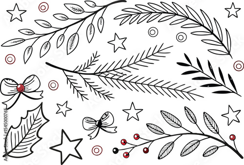 Hand drawn Christmas doodles collection featuring festive holiday illustrations and icons. Creative Christmas doodles set with fun and whimsical elements for seasonal design projects. Cute Christmas